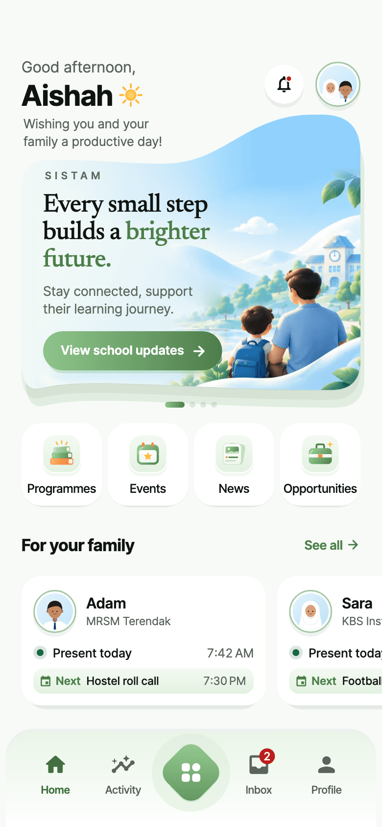 SISTAM app Home screen: school updates, quick links to Programmes, Events, News and Opportunities, and today's attendance for two children (demo data).